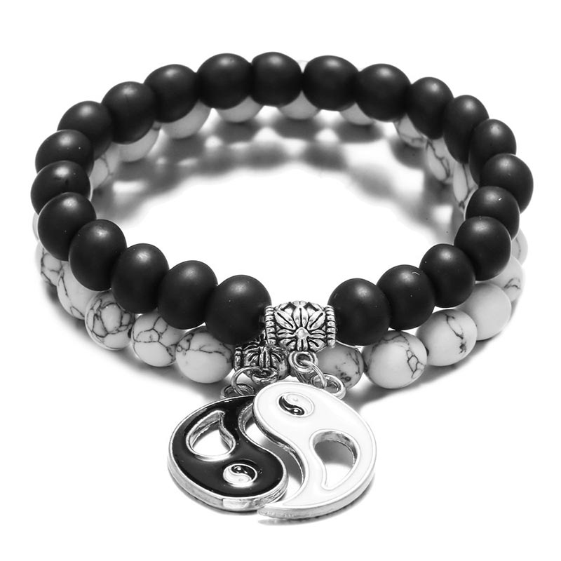2pcs Natural Black Onyx White Turquoise Bead Yin Yang Couple Bracelet
