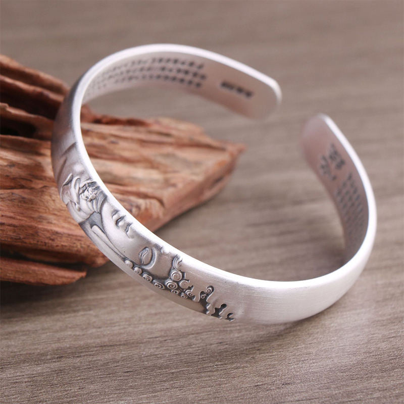 999 Sterling Silver Buddha Head Heart Sutra Serenity Bracelet Bangle