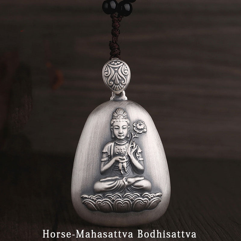 999 Sterling Silver Chinese Zodiac Natal Buddha Heart Sutra Engraved Protection Necklace Pendant