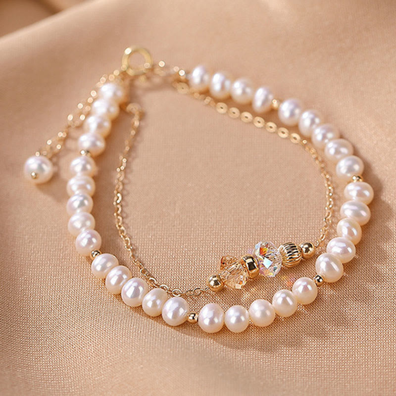 925 Sterling Silver Plated 14k Gold Natural Pearl Crystal Healing Double Layer Bracelet