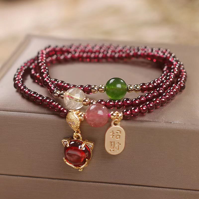 Natural Garnet & Strawberry Quartz Triple Wrap Bracelet with Jade and Citrine Accents