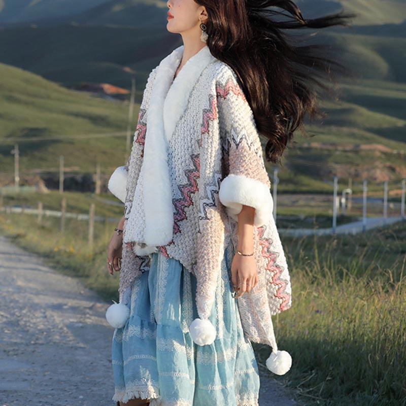 Tibetan Multicolored Wavy Lines Knitted Striped Shawl Coat Winter Cozy Travel Scarf Wrap