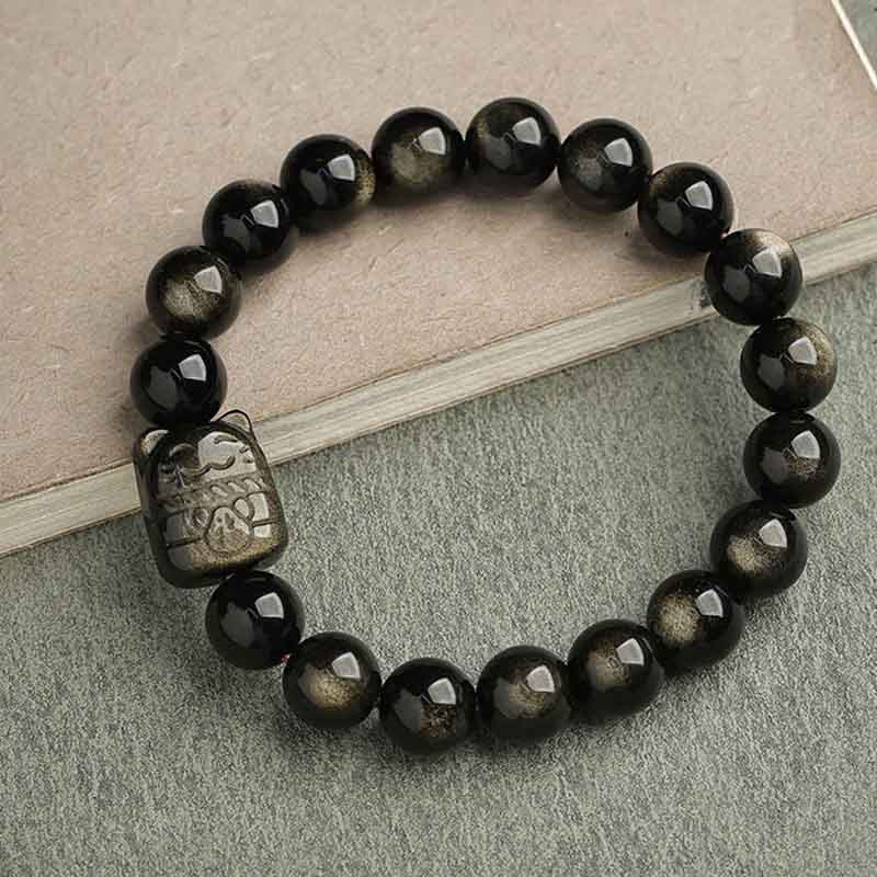 Handmade Gold & Silver Sheen Obsidian Feline Charm Beaded Bracelet
