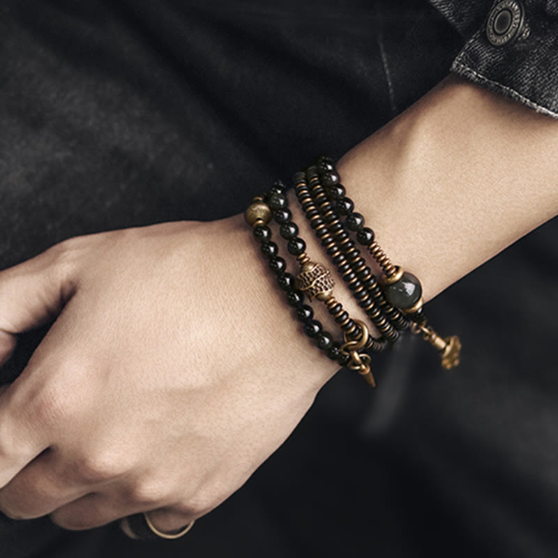 Rainbow Obsidian Ebony Wood Copper Positive Multilayer Bracelet