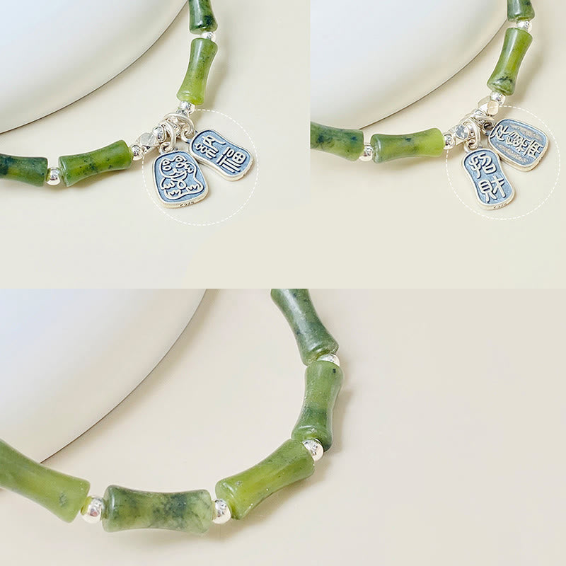 925 Sterling Silver Bamboo Jade Lucky Cat Fu Character Luck Abundance Bracelet