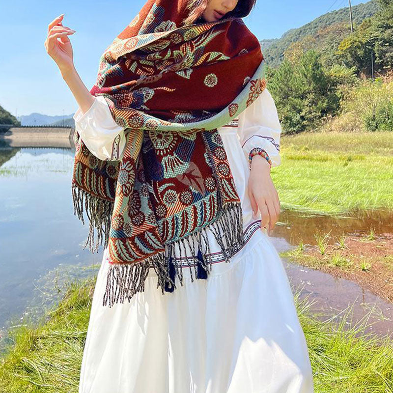 Tibetan Flower Floral Leaves Pattern Design Shawl Cozy Travel Scarf Wrap