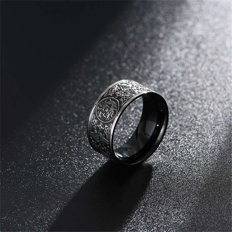 Four Guardian Beast Dragon White Tiger Suzaku Basalt Carved Success Luck Ring