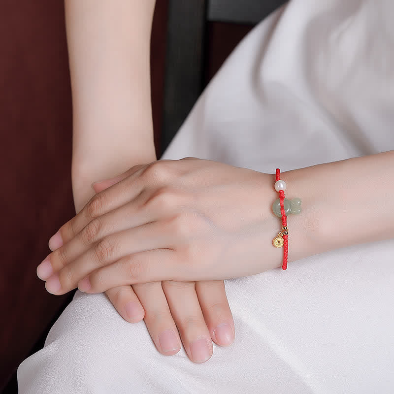925 Sterling Silver Hetian Jade & Pearl Rabbit Chinese Coin Red String Bracelet