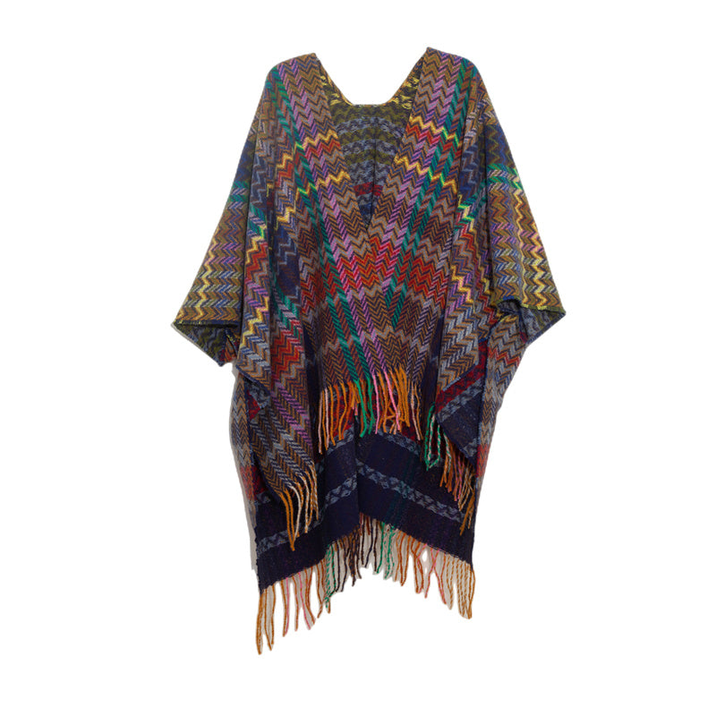Tibetan Shawl Colorful Wavy Line Tassels Winter Cozy Travel Scarf Wrap