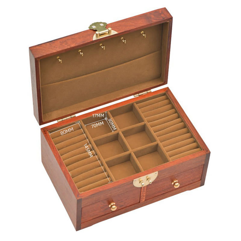 Handmade Antique Rosewood Double Layer Lockable Flower Jewelry Storage Box