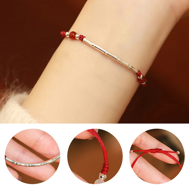 Sterling Silver Bamboo & Agate Bead Braided Red String Bracelet