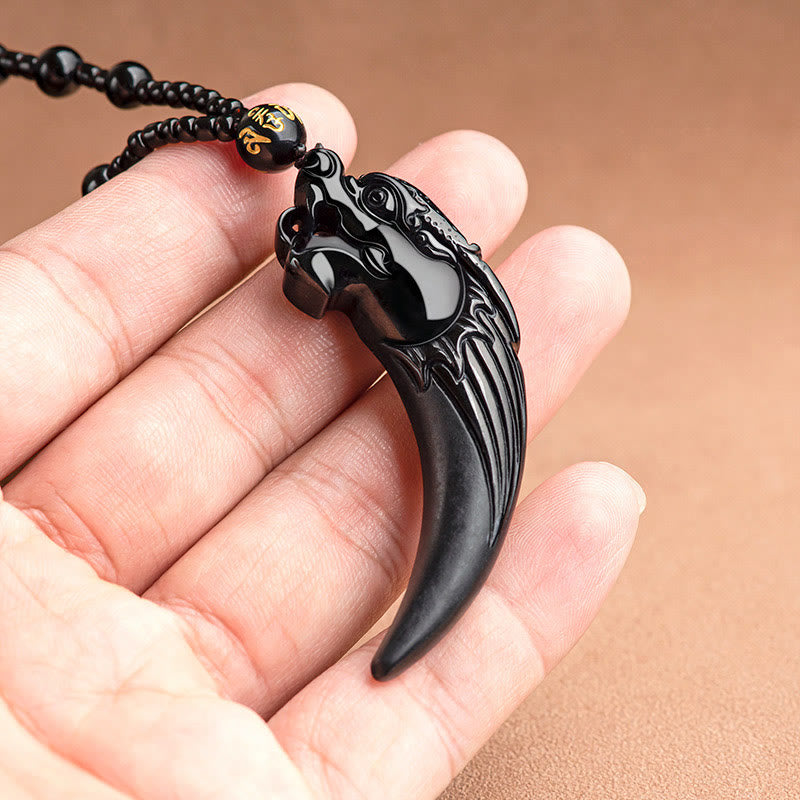 Natural Black Jade Chinese Zodiac Dragon Tooth Pattern Protection Necklace Pendant