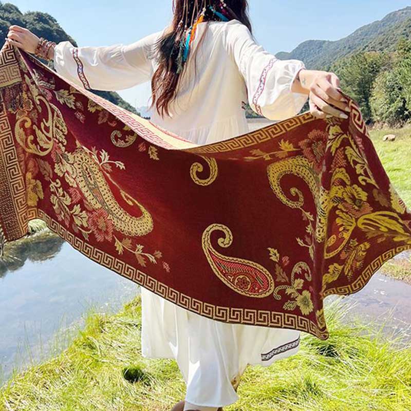 Tibetan Flowers Leaves Pattern Design Shawl Cozy Travel Scarf Wrap
