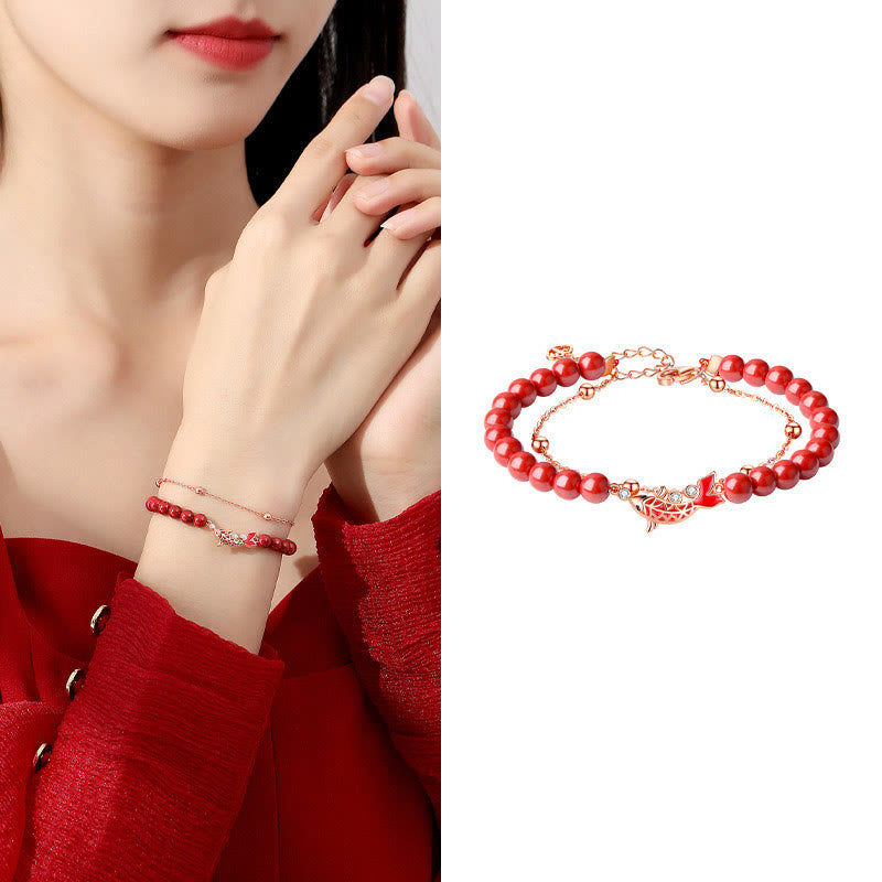 Polished 925 Sterling Silver Koi Fish Charm Bracelet with Cinnabar and Zircon Double Layer Chain