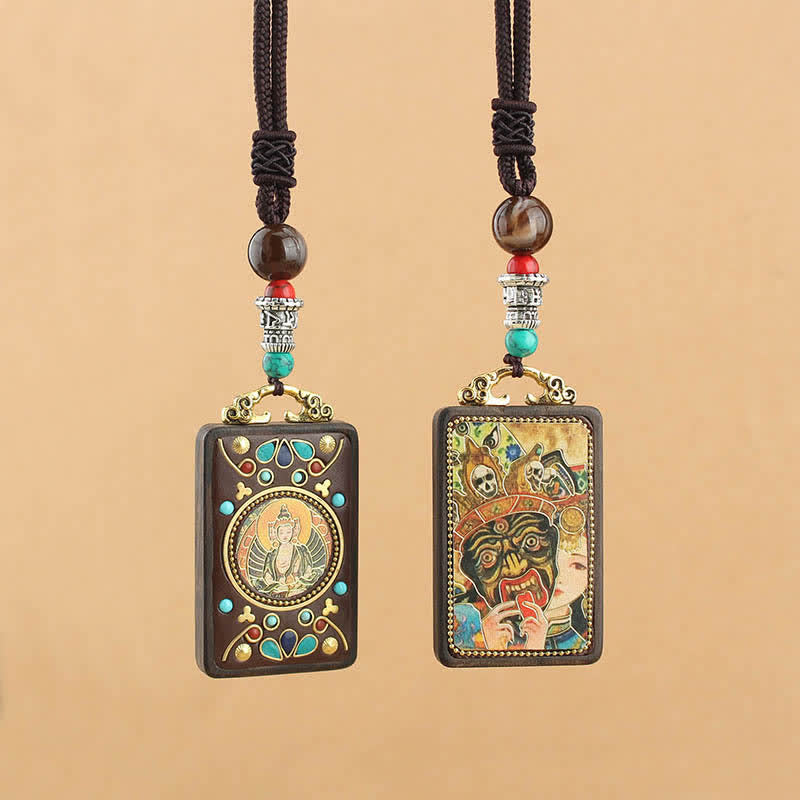 Tibet God of Wealth Thangka Ebony Peace Necklace Pendant
