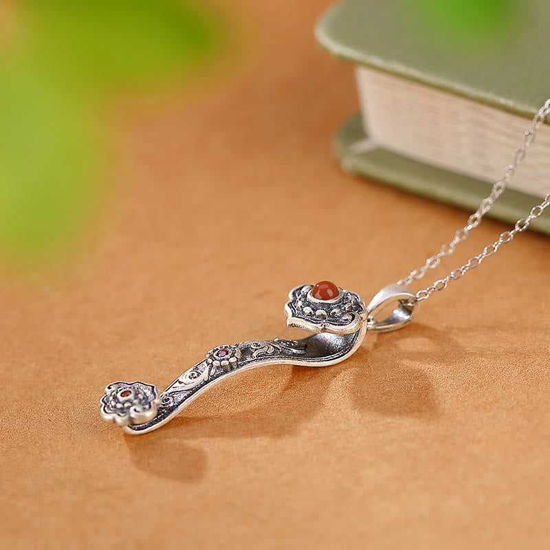 925 Sterling Silver Red Agate Cyan Jade Auspicious Clouds Ruyi Handle Blessing Necklace Pendant