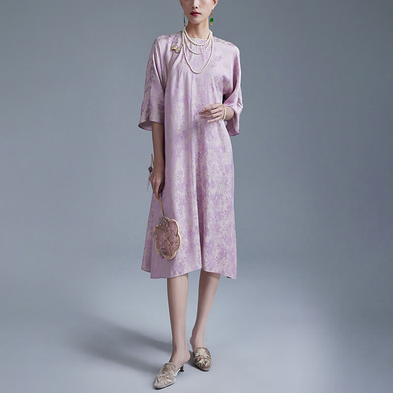 Small Flower Leaf Jacquard Chinese Cheongsam Qipao Midi Dress With Pockets