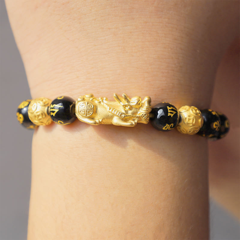 Om Mani Padme Hum Inscribed Black Obsidian & Agate Pixiu Beaded Bracelet