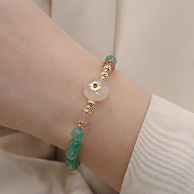 Natural Green Strawberry Quartz and Chalcedony Flower Beaded Bracelet