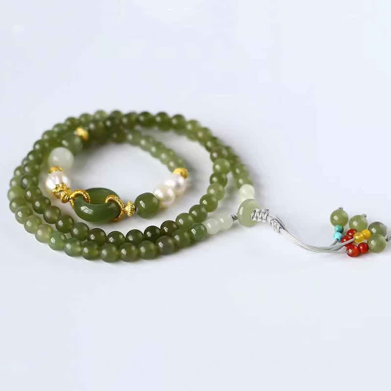 Refined Hetian Jade and Pearl Ping An Kou Peace Buckle String Bracelet