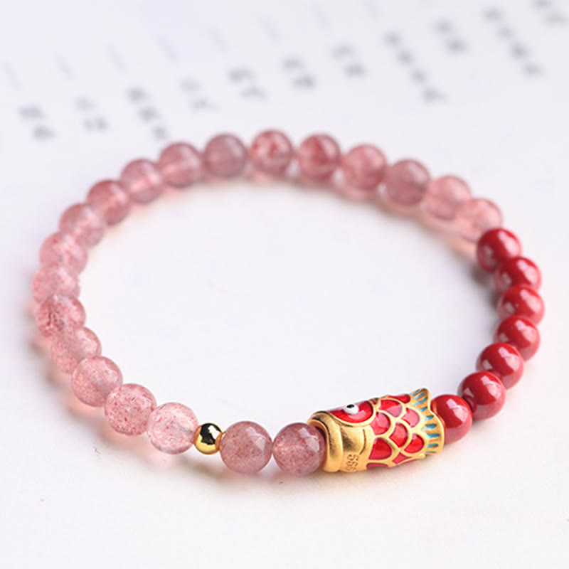 Natural Strawberry Quartz Cinnabar Lucky Koi Fish Healing Bracelet