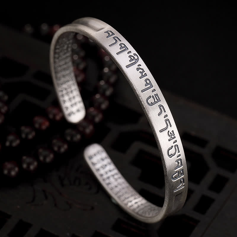 999 Sterling Silver Six True Words Heart Sutra Protection Bracelet Bangle