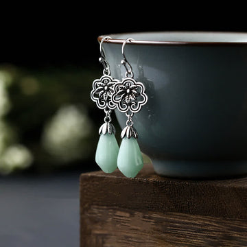 Magnolia Flower Jade Water Drop Copper Dangle Earrings