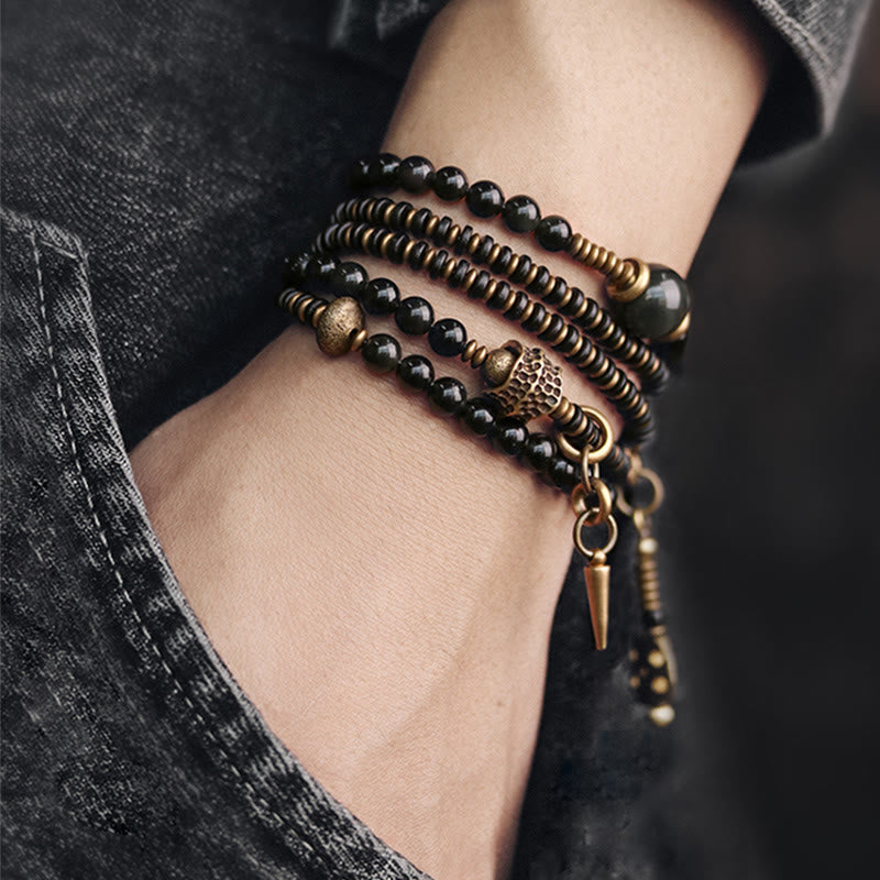 Rainbow Obsidian Ebony Wood Copper Positive Multilayer Bracelet