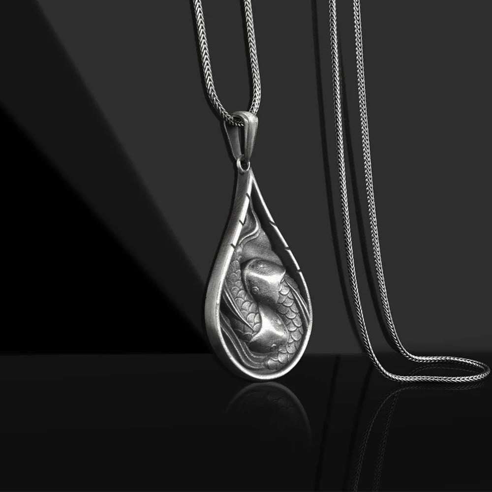 Double Lucky Koi Fish Prosperity Pure Tin Water Drop Pattern Necklace Pendant