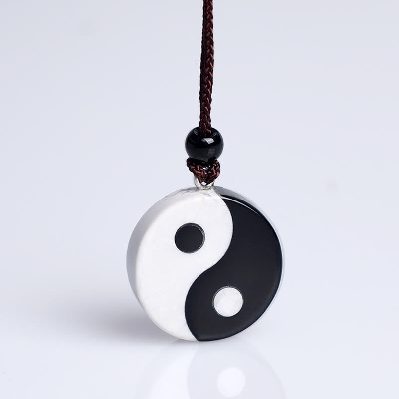 Natural Black Obsidian White Turquoise Yin Yang Fulfilment Strength Necklace Pendant