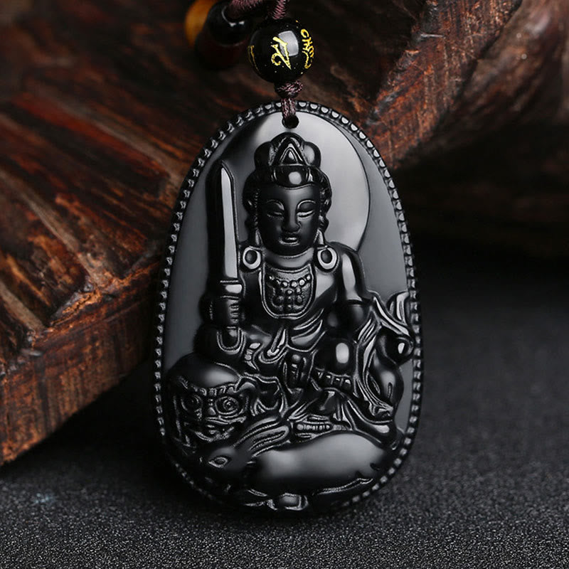 Chinese Zodiac Natal Buddha Natural Black Obsidian Purification Necklace Pendant