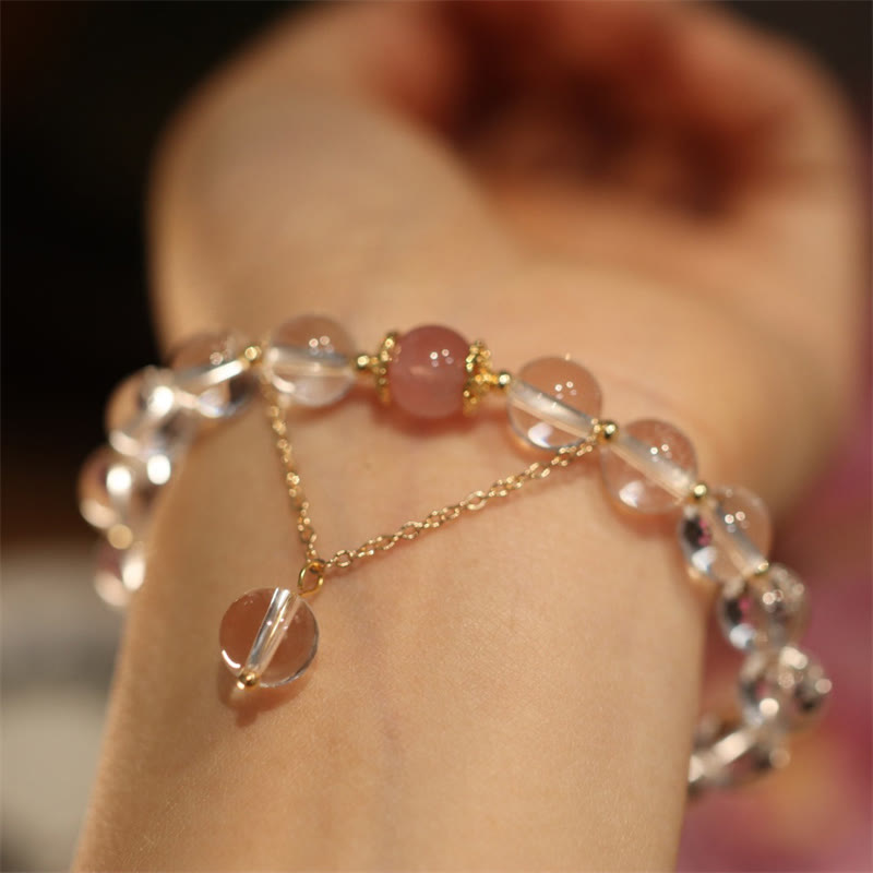 Yin Yang Couple Natural Crystal Bracelet with Silver Sheen Obsidian, Rose Quartz & Gold Accents