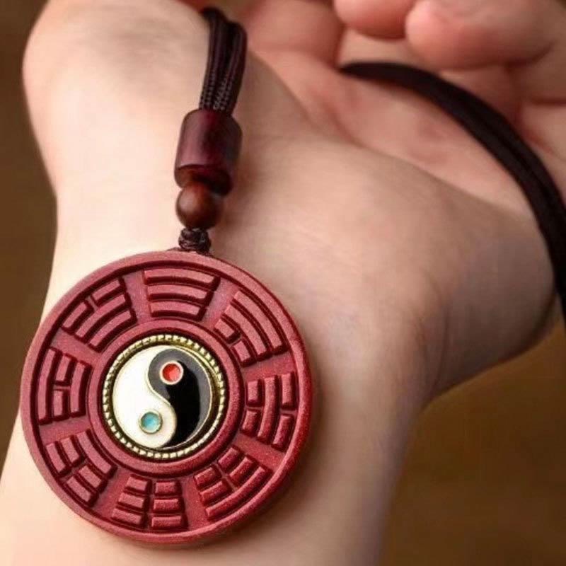 Natural Cinnabar Bagua Rotatable Yin Yang Keep Away Evil Spirits Necklace Pendant