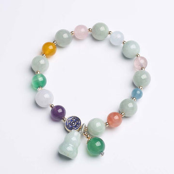 Multi-Gemstone Wu Lou Gourd 10mm Beaded Bracelet with Jade, Rose Quartz, Citrine & Amethyst
