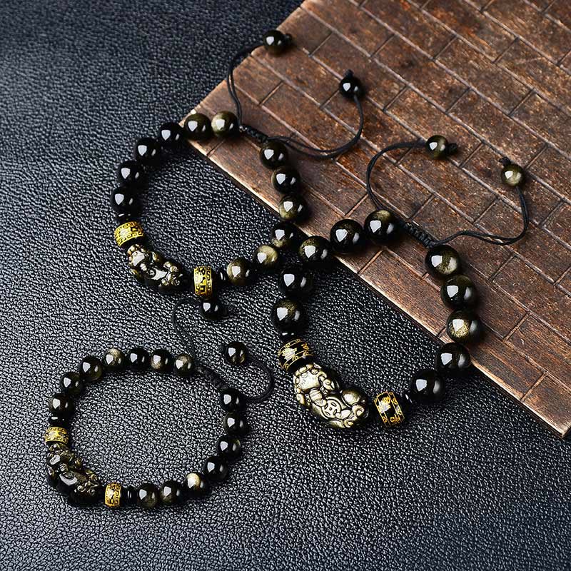 Natural Gold Sheen Obsidian Pixiu Om Mani Padme Hum Braided Bracelet