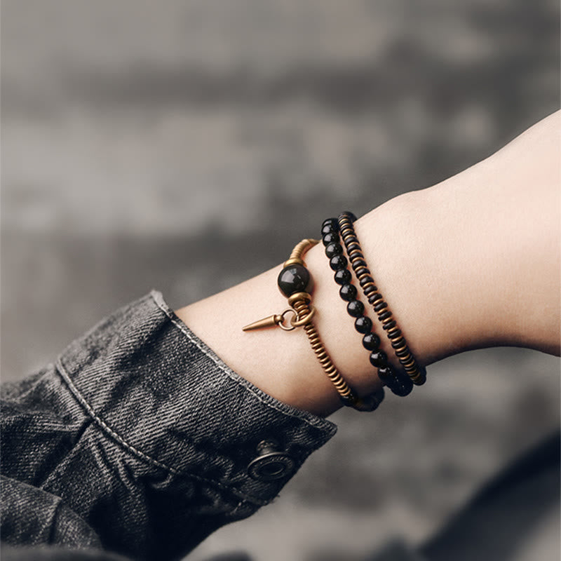 Rainbow Obsidian Ebony Wood Copper Healing Triple Wrap Bracelet