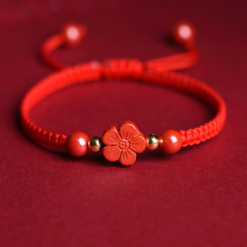 Hand-Woven Red String Cinnabar Clover and Flower Charm Bracelet