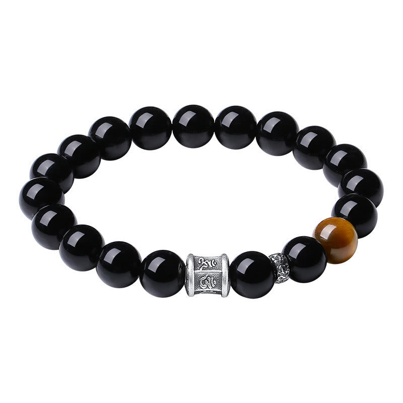999 Fine Silver Om Mani Padme Hum Mantra Black Obsidian & Tiger Eye Beaded Bracelet