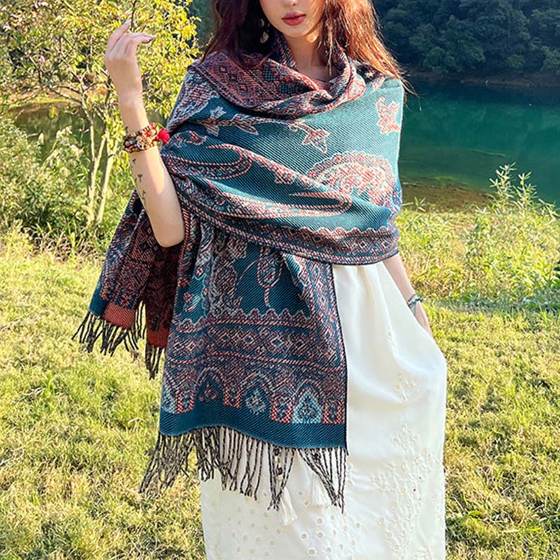 Vintage Tibetan Leaves Pattern Design Shawl Cozy Travel Scarf Wrap