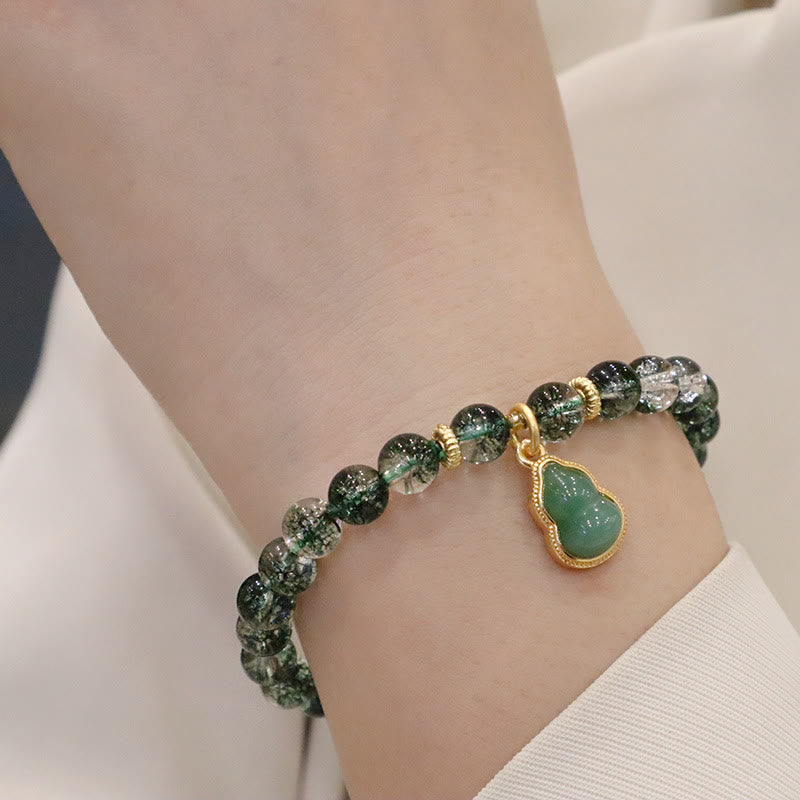 Natural Green Phantom Quartz Beaded Charm Bracelet with Buddha or Wu Lou Gourd