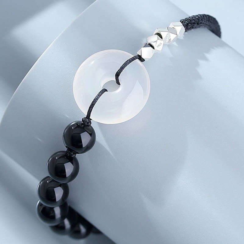 Adjustable 925 Sterling Silver Black Obsidian Agate Ping An Kou Peace Buckle Bracelet