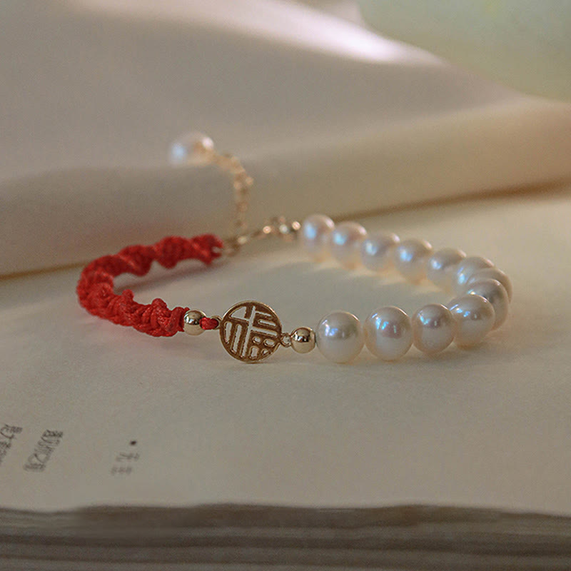 14K Gold Plated Pearl and Prosperity Symbol Braided Red String Bracelet