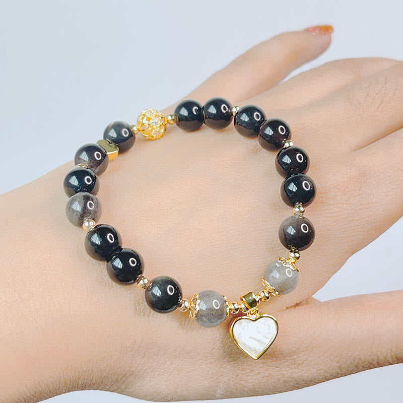 Natural Silver Sheen Obsidian Love Heart Star Flower Protection Bracelet