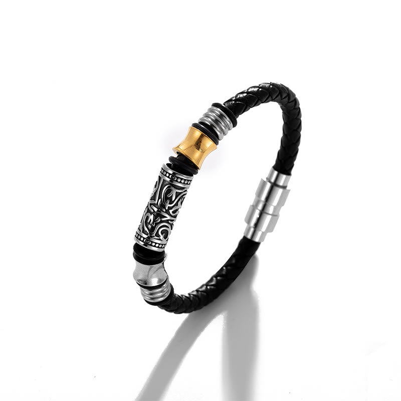 Tang Dynasty Flower Design Luck Stainless Steel Buckle Leather Bracelet