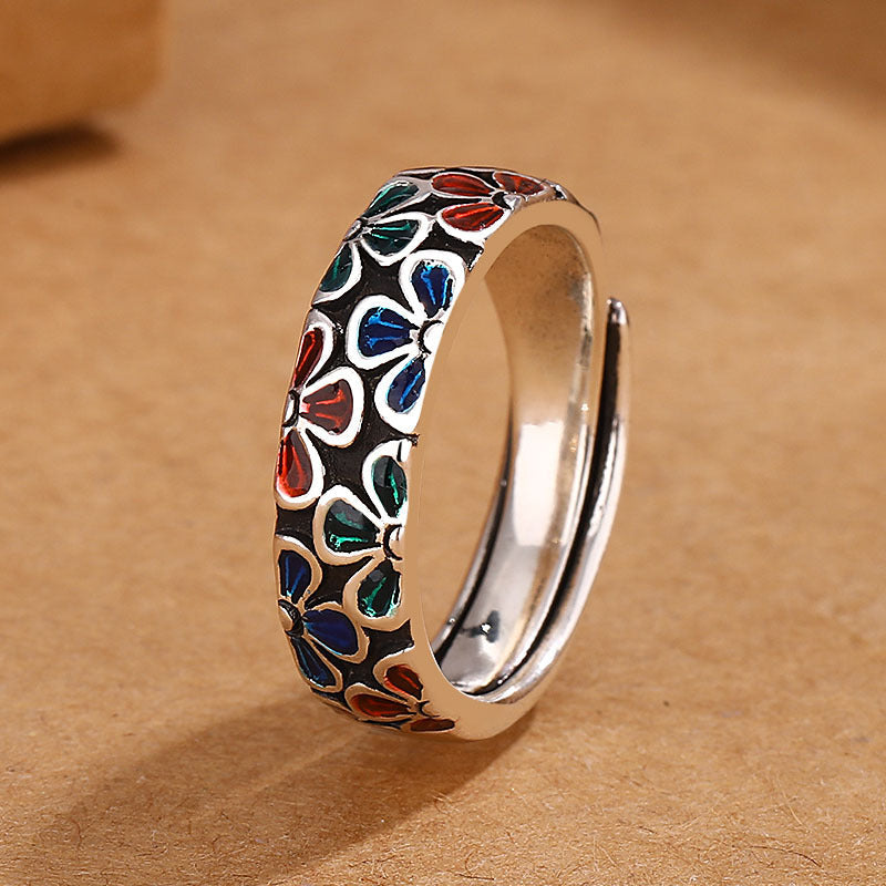 Colorful Plum Blossoms Design Healing Copper Adjustable Ring