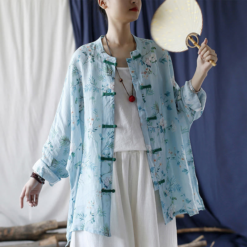 Light Green Pink Flowers Green Leaves Frog-Button Long Sleeve Ramie Linen Jacket Shirt