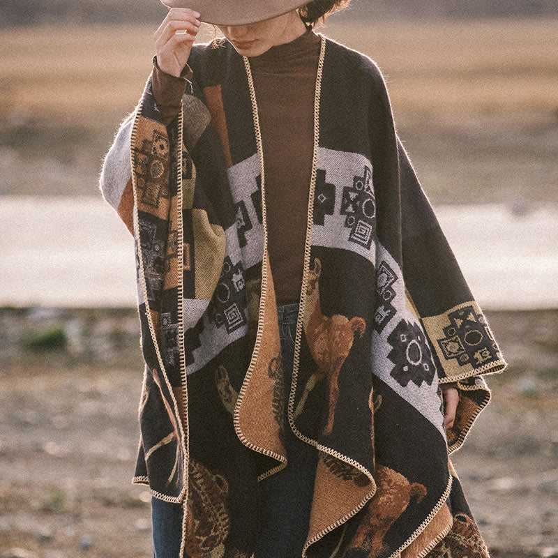 Tibetan Shawl Deer Vase Geometric Shapes Winter Cozy Travel Scarf Wrap