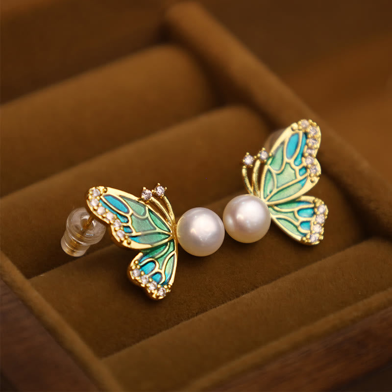 925 Sterling Silver Posts 18K Gold Plated Copper Natural Pearl Butterfly Healing Stud Earrings