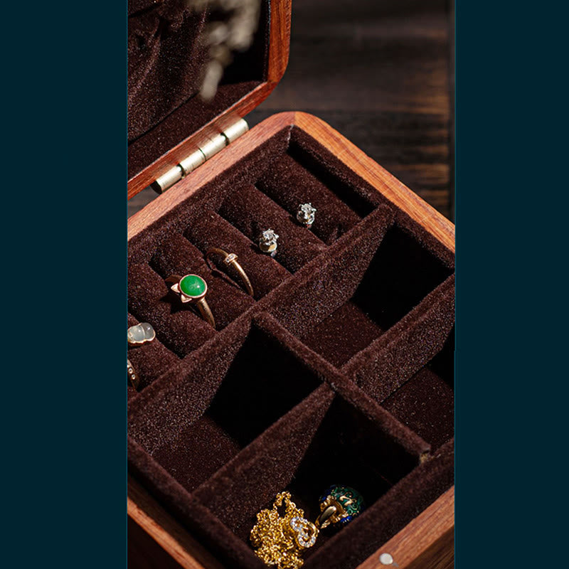 Antique Hand-Carved Rosewood Jewelry Storage Box with Floral Leaf Detail