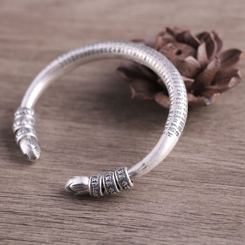 999 Sterling Silver Heart Sutra Om Mani Padme Hum Engraved Peace Purity Bracelet Bangle
